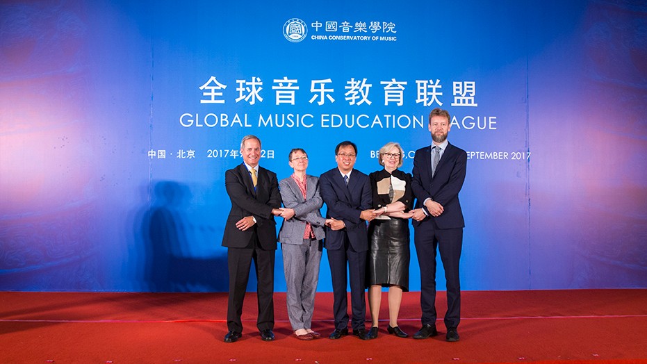 Elected members of the newly formed Global Music Education League: Professor Jamal Rossi, Professor Anna Reid, Mr Wang Liguang, Professor Anne Walters Robertson and Professor Kaarlo Hildén. 