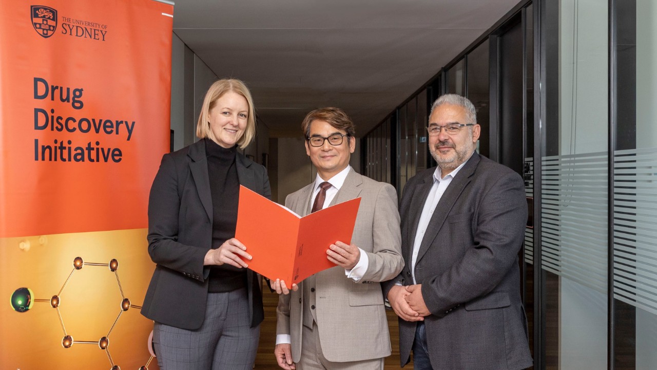 Professor Julie Cairney (left), Dr Kyu-Tae Kim from Pharos and Professor Michael Kassiou.