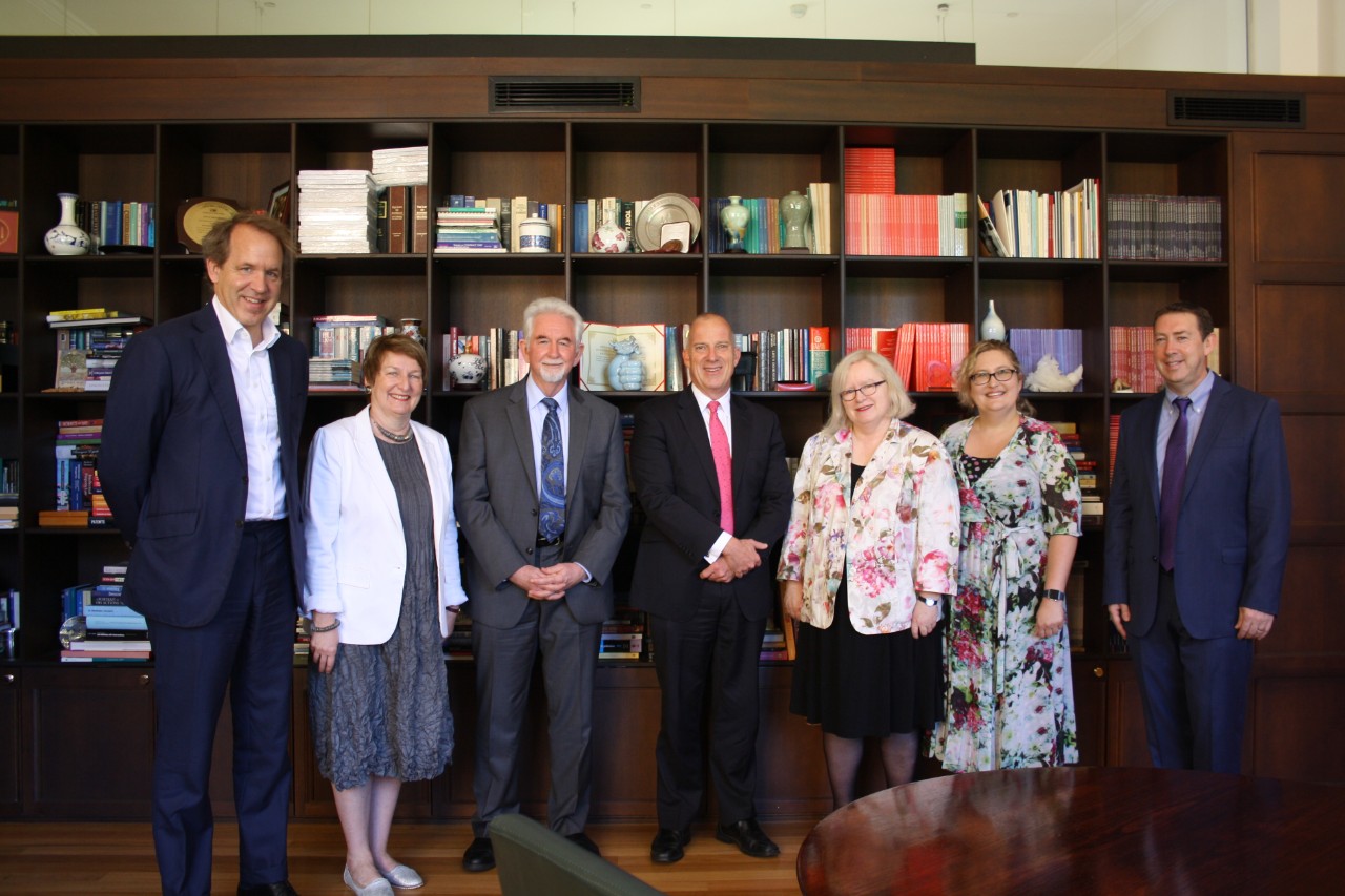 Left-Right: Deputy Vice-Chancellor (Research) Professor Duncan Ivison (Sydney), Vice Provost and Associate Chancellor, Global Affairs Dr Joanna Regulska (UC Davis), Vice-Chancellor for Research Professor Cameron Carter (UC Davis), Vice-Chancellor and Principal Dr Michael Spence AC (Sydney), Deputy Vice-Chancellor (Education) Professor Philippa Pattison AO (Sydney), Pro-Vice-Chancellor (Global Engagement) Professor Katherine Belov (Sydney) and  Associate Vice-Chancellor for Interdisciplinary Research and Strategic Initiatives Dr Paul Dodd (UC Davis). 