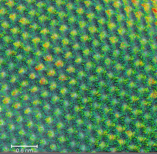 Differential phase contrast in scanning transmission electron microscopy mode reveals the electric field vectors around single magnesium atoms acting as dopants in scandium nitride. Image by Magnus Garbrecht