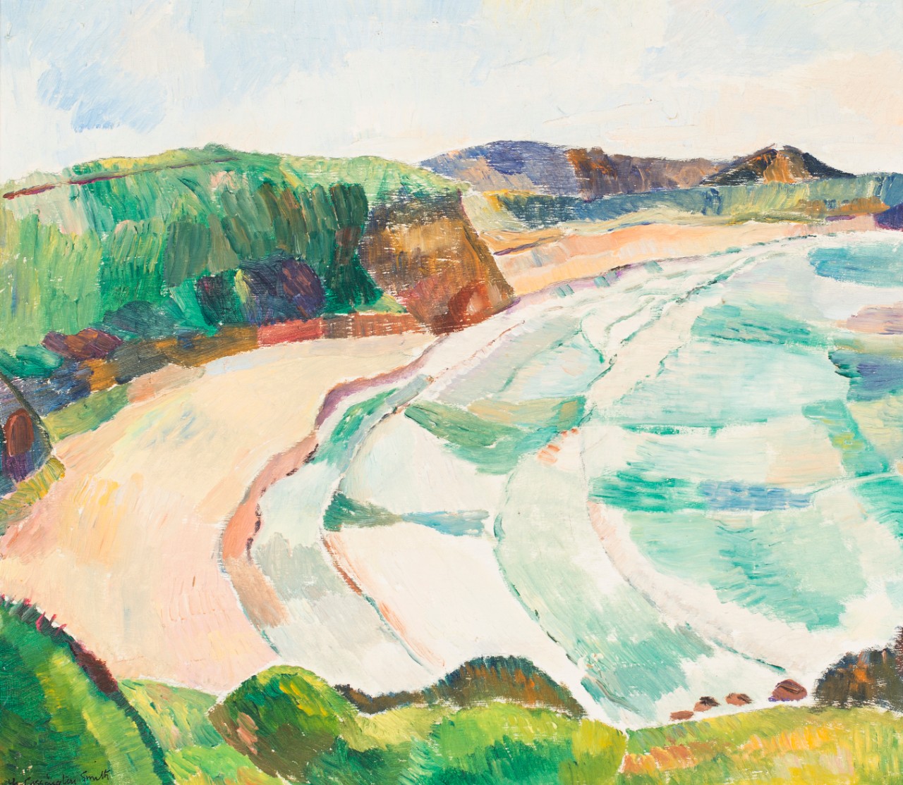 Image of Grace Cossington Smith's painting Northern Beach, an oil painting of a beach and its surrounding coastline