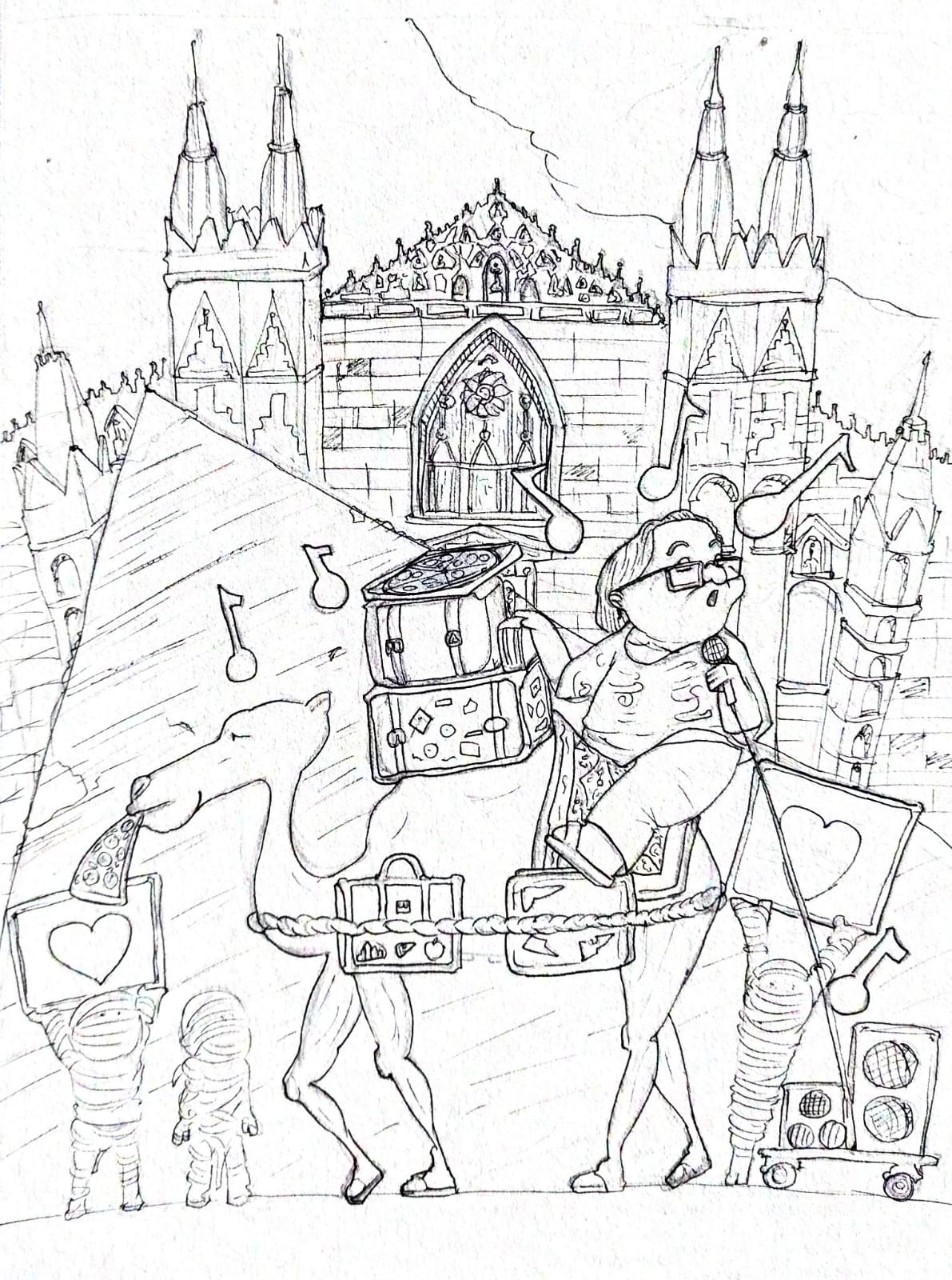 Line drawing by Joshua Wan of an older woman riding a camel.