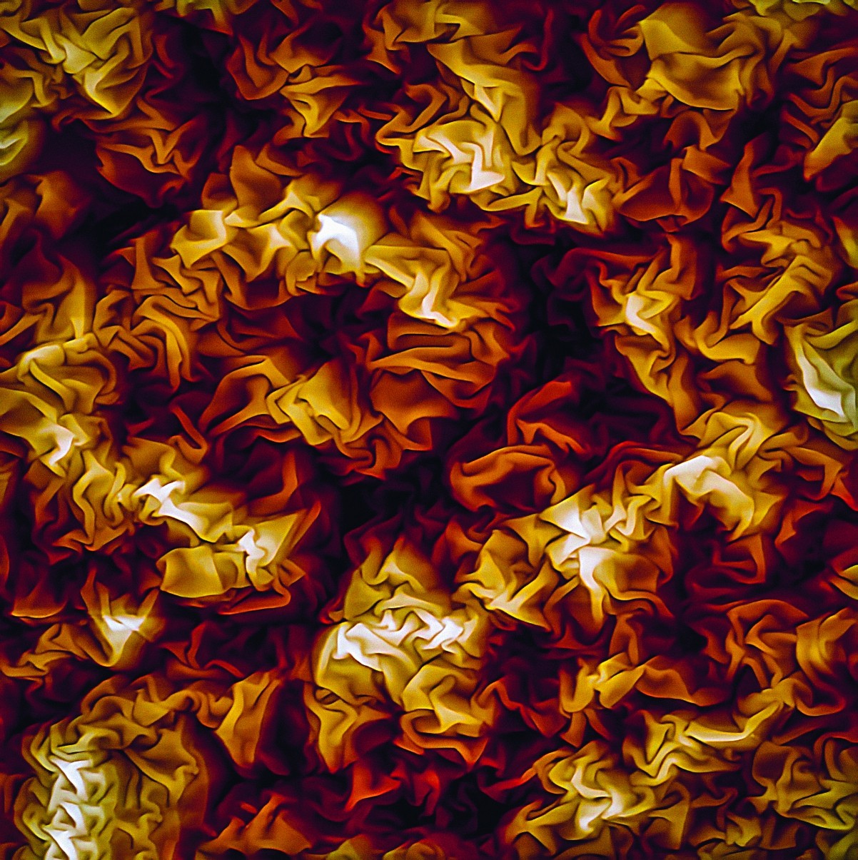 Swirling textures that give the effect of a rich brown and gold flokati rug.