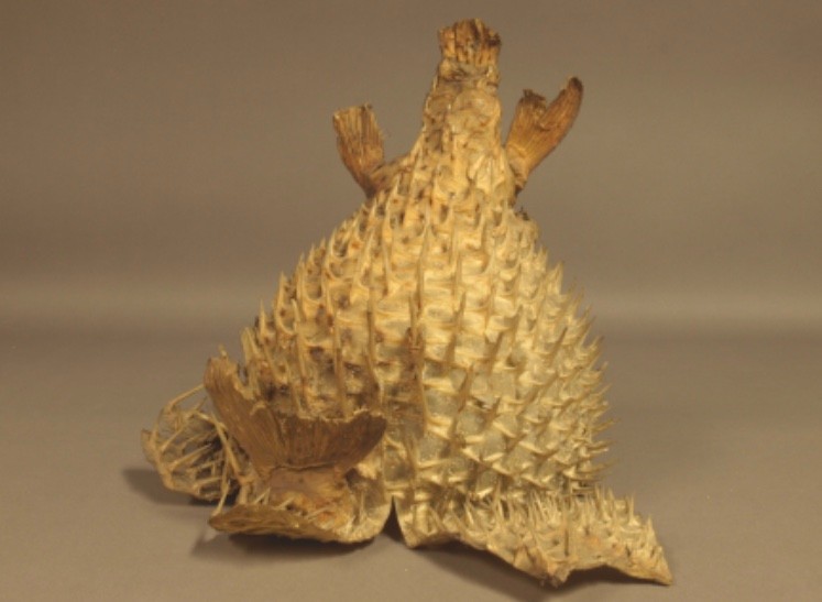 Helmet made from the skin of a puffer fish 