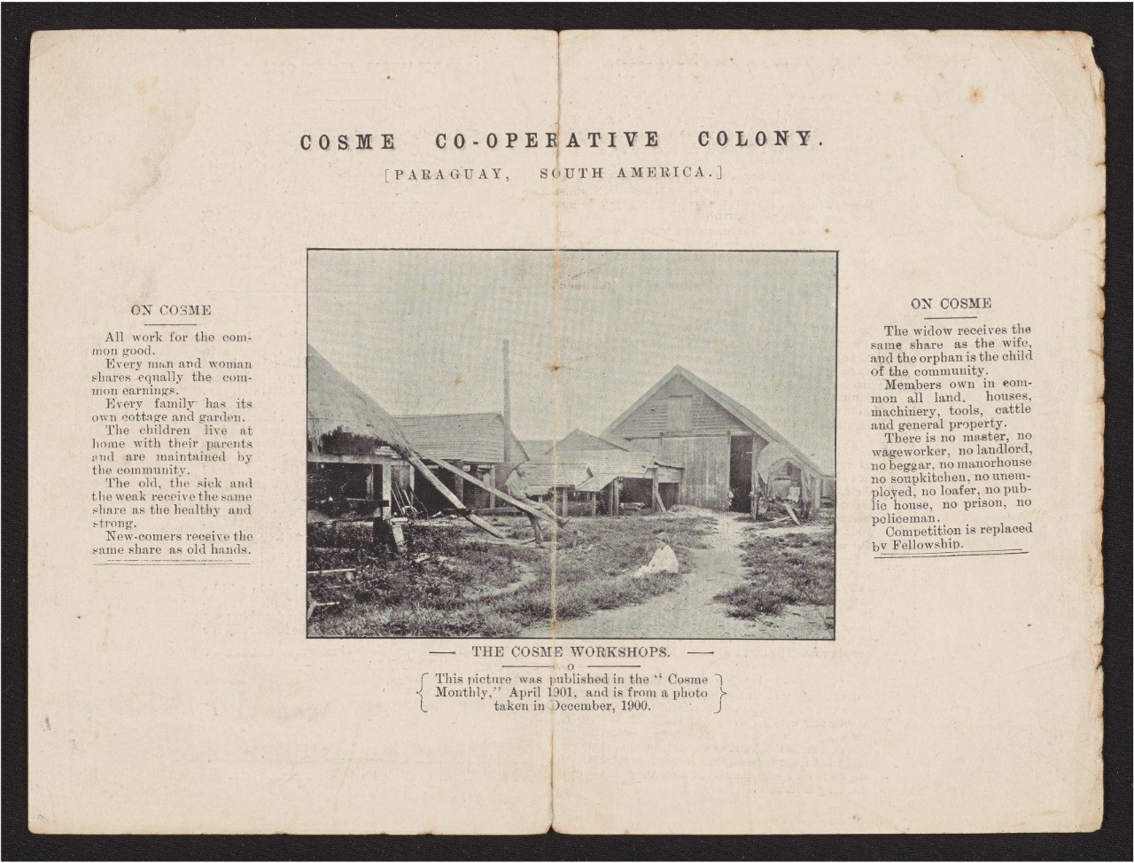 An aged document with text and a black-and-white photograph of buildings.