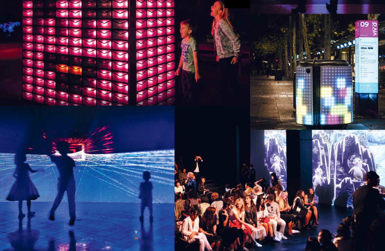 Images of urban environments, with light shows and art