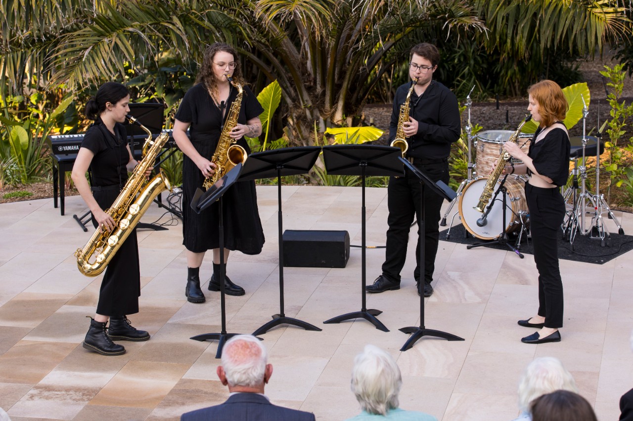 jazz students playing in the new amphitheatre