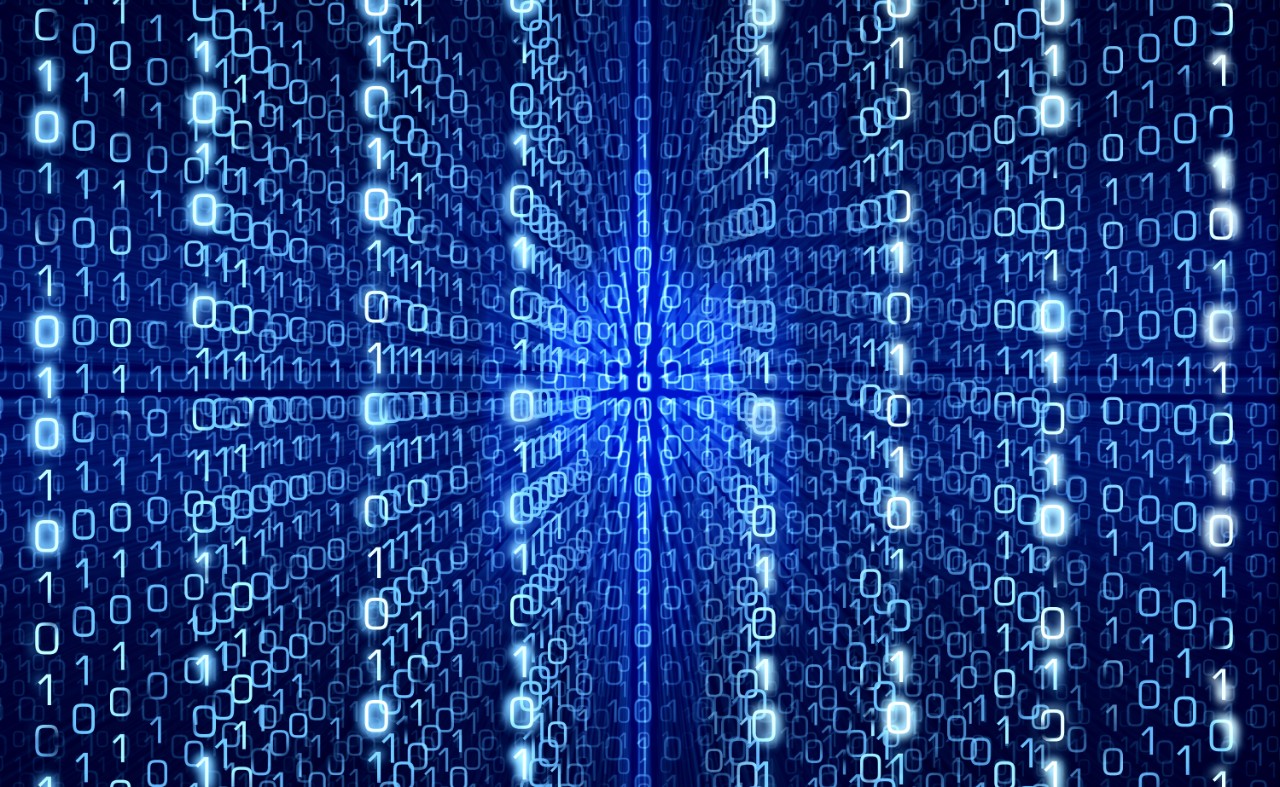 Visualisation of binary code against blue background