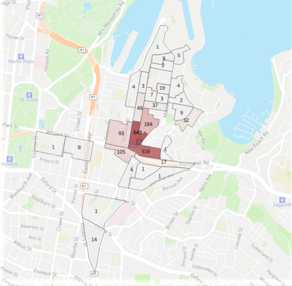 A map showing counts of crimes according to areas marked