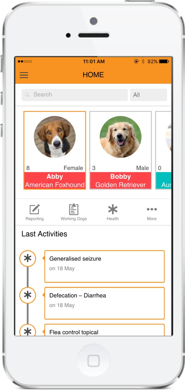 Screen shot of the doglogbook app. Main photo above taken by Mel Fox of What About Charlie? photography