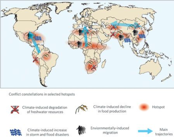 World map with projected, climate change-influenced conflict hotspots