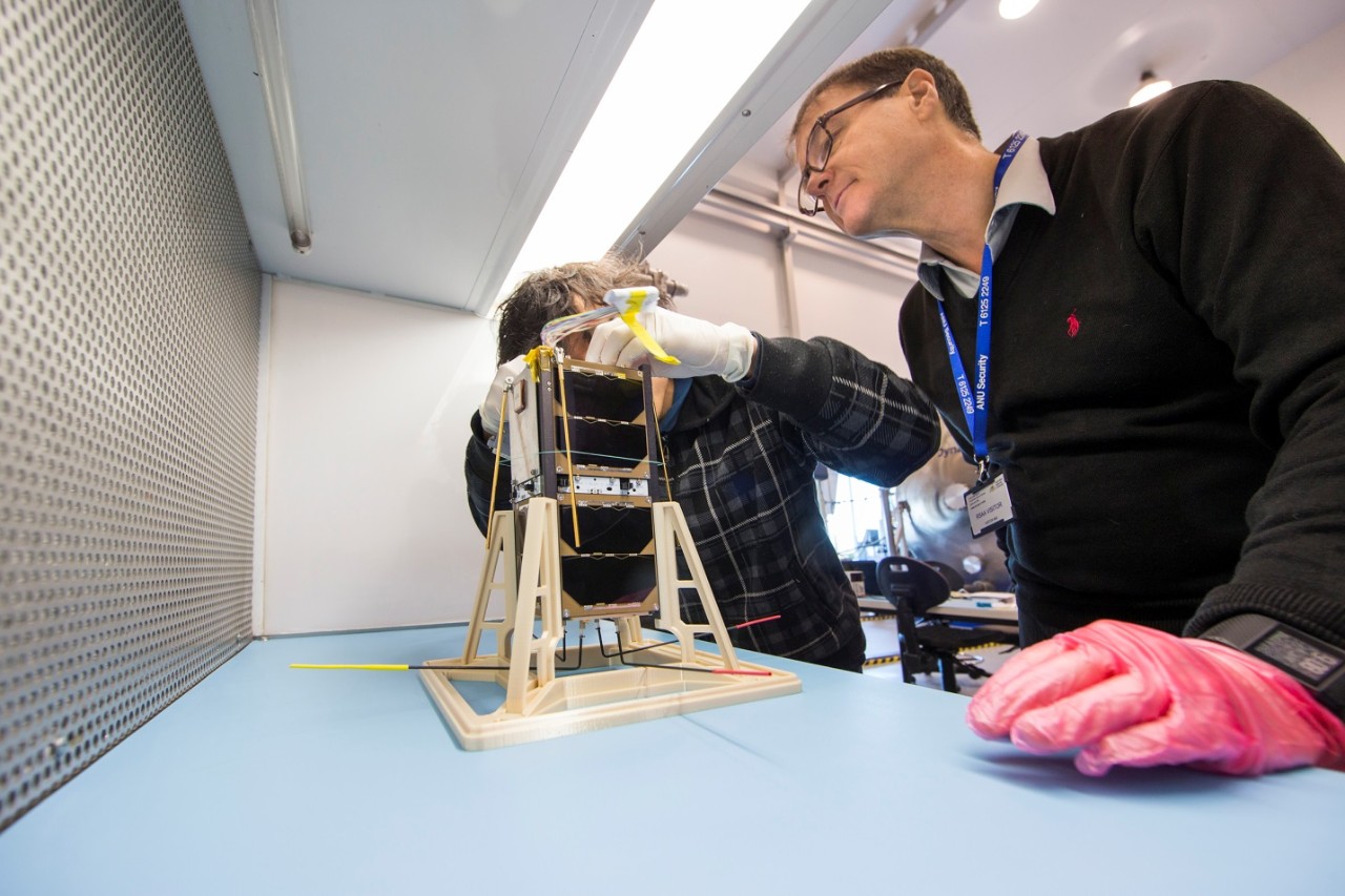 Professor Iver Cairns tests the satellite communications system in Canberra this week.