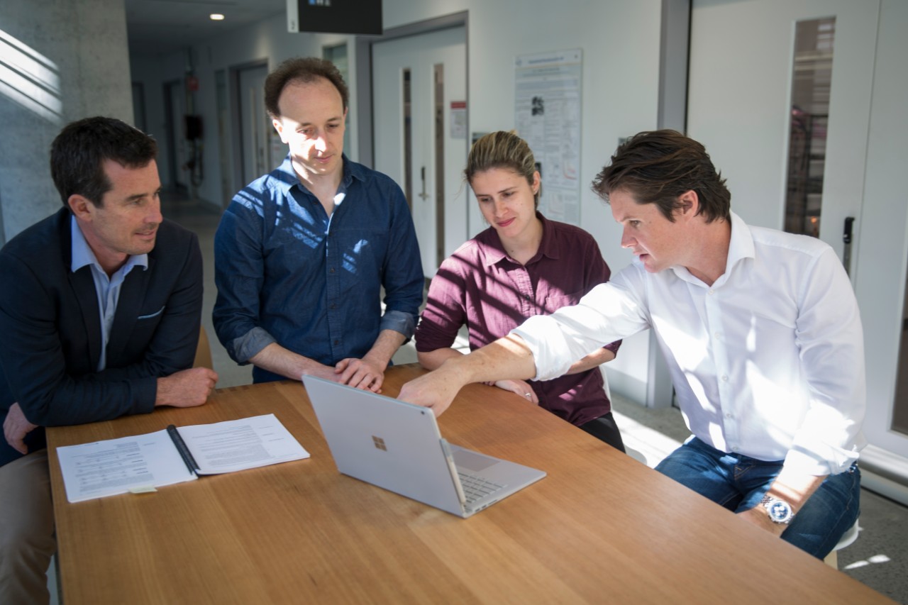 Professor David Reilly (right) with some of the Station Q Sydney team inside the university's $150 million Sydney Nanoscience Hub. Credit Jayne Ion.