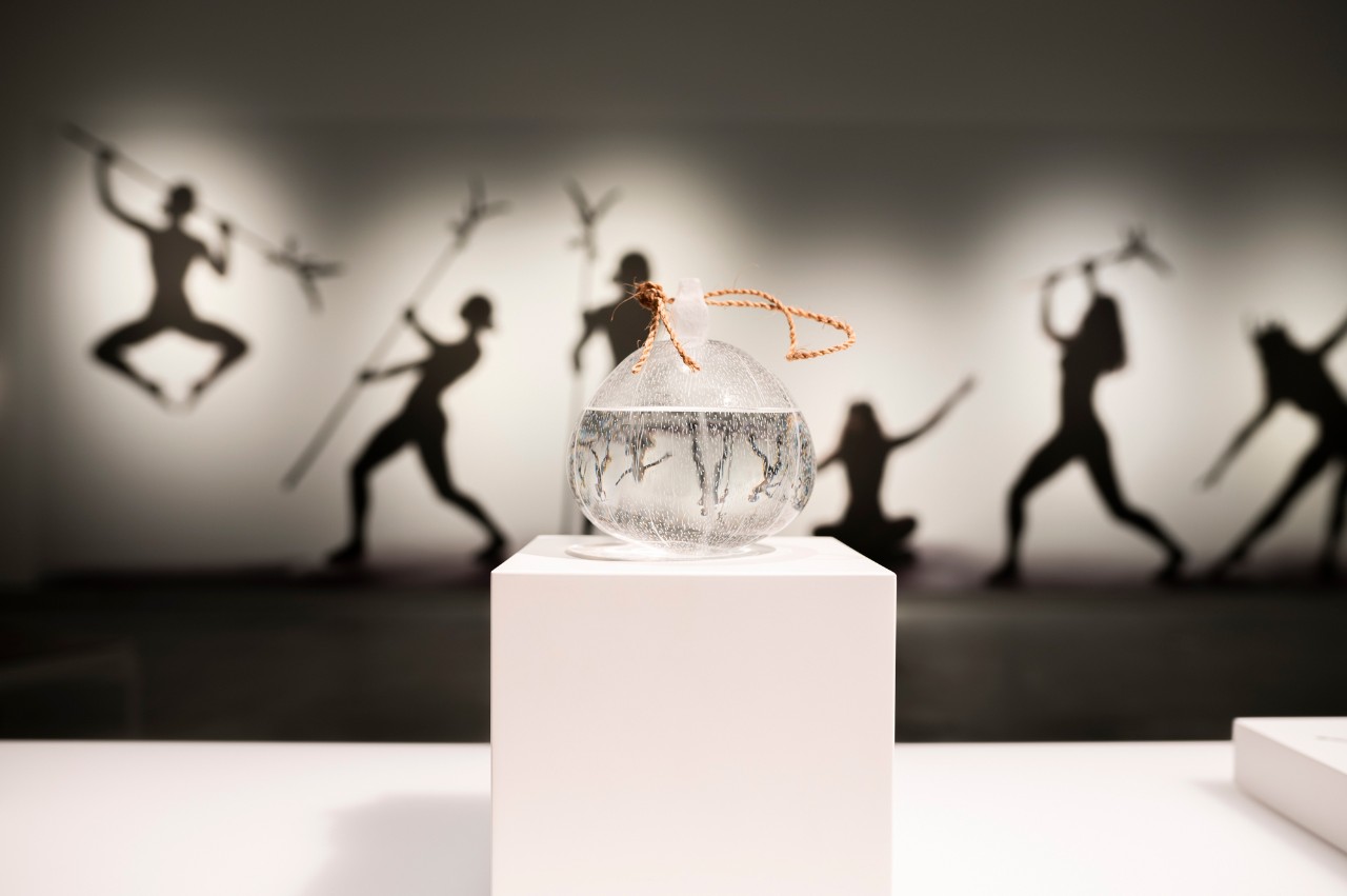 DANCE PROTEST, Project Banaba, Katerina Teaiwa, curator: Yuki Kihara (installation view), featuring new work, Te ibu 2025, based on a coconut shell water container in the museum collections. Made by Andrew Lavery and Bronte Cormican-Jones, Sydney College of the Arts. Chau Chak Wing Museum, 2025. Photo by David James. 