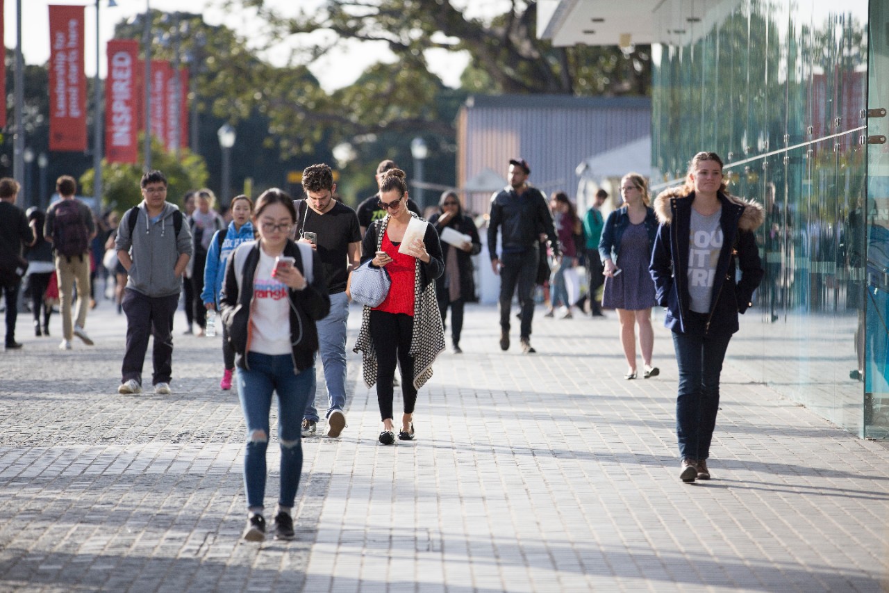 University students walking down Eastern Avenue on the Camperdown campus