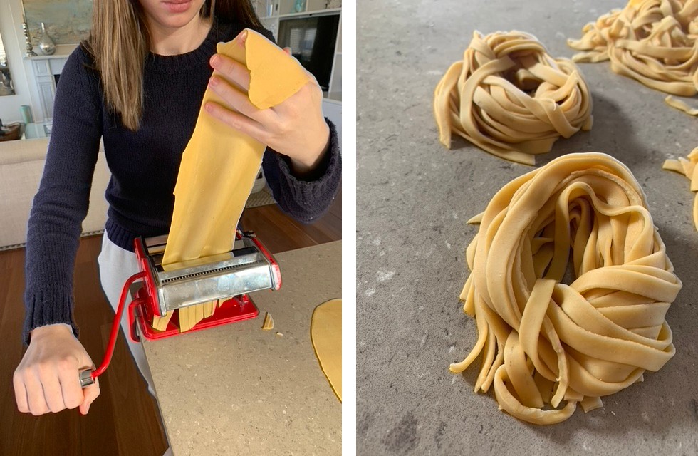 Homemade pasta dough and Amelia rolling out the dough with a pasta maker