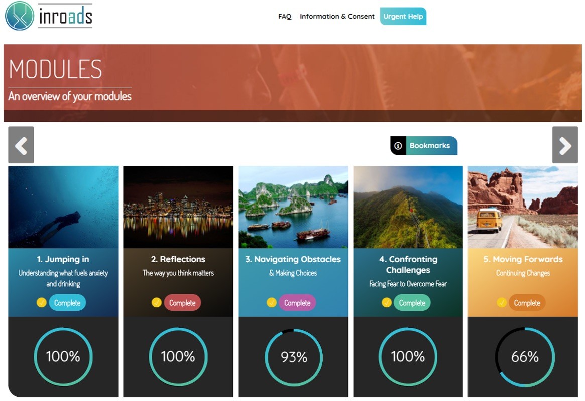 screenshot of inroads website showing modules and completion percentage