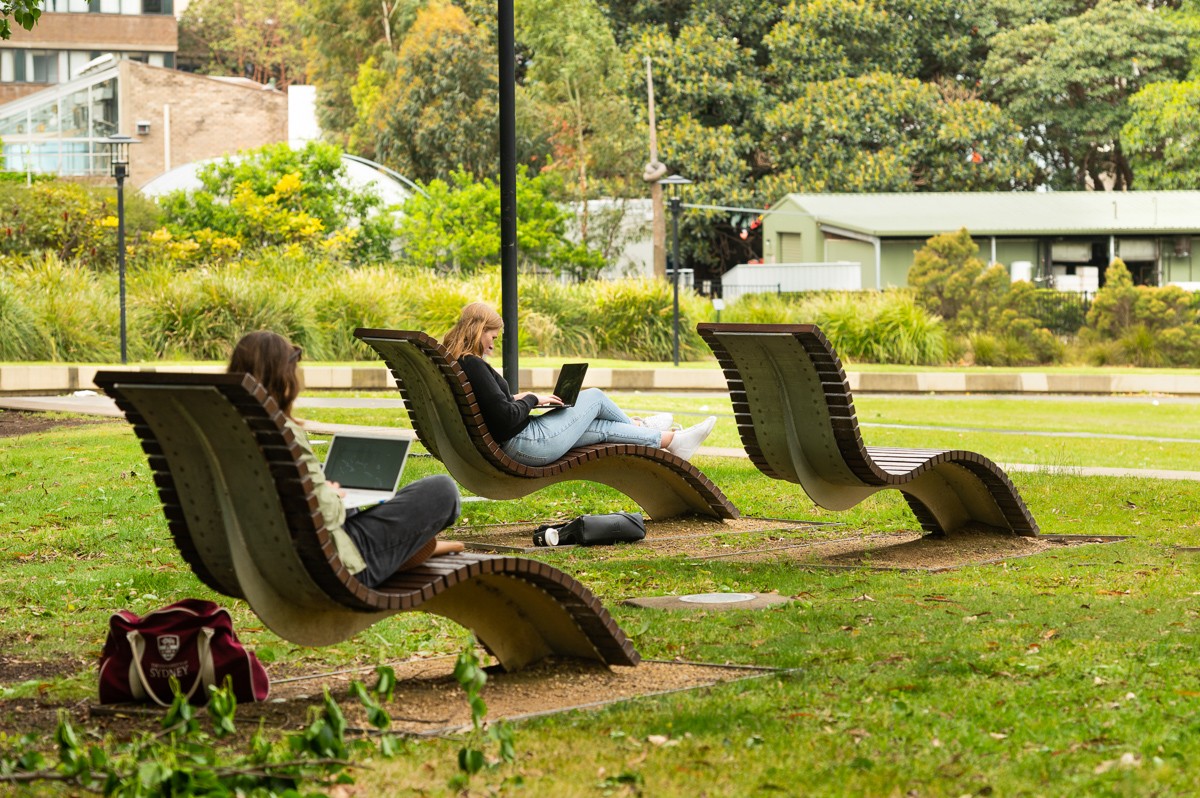 Students on the banana lounges at Cadigal Green