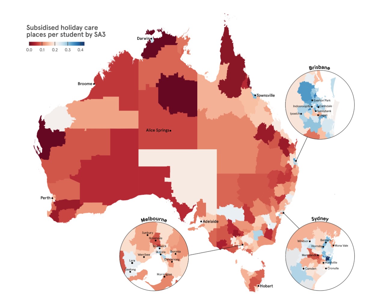 A map of Australia colour coded by access to subsidised care in each region. The data is tabulated in the linked pdf
