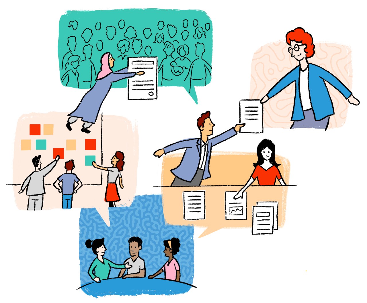 Handrawn figures of people working together in and between boxes shaped like speech bubbles