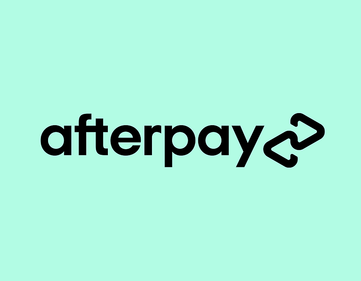 Afterpay logo, black text on aqua background.