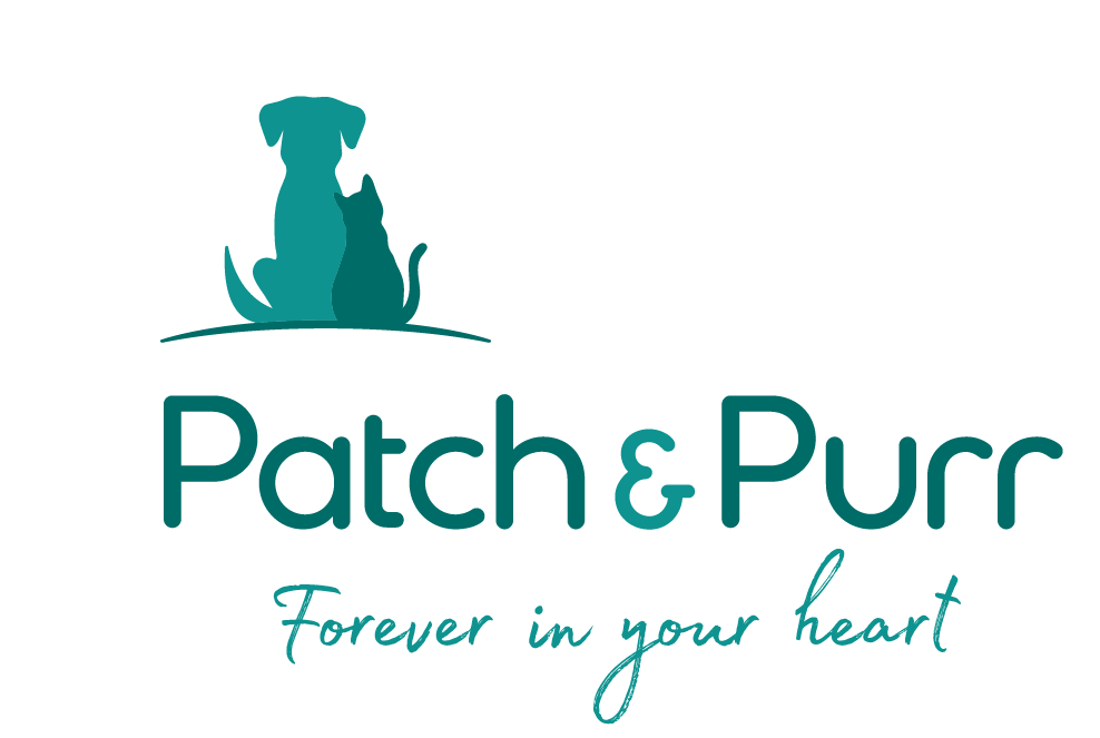 Patch & Purr logo depicting a cat and dog sitting with their back profile in silouette.