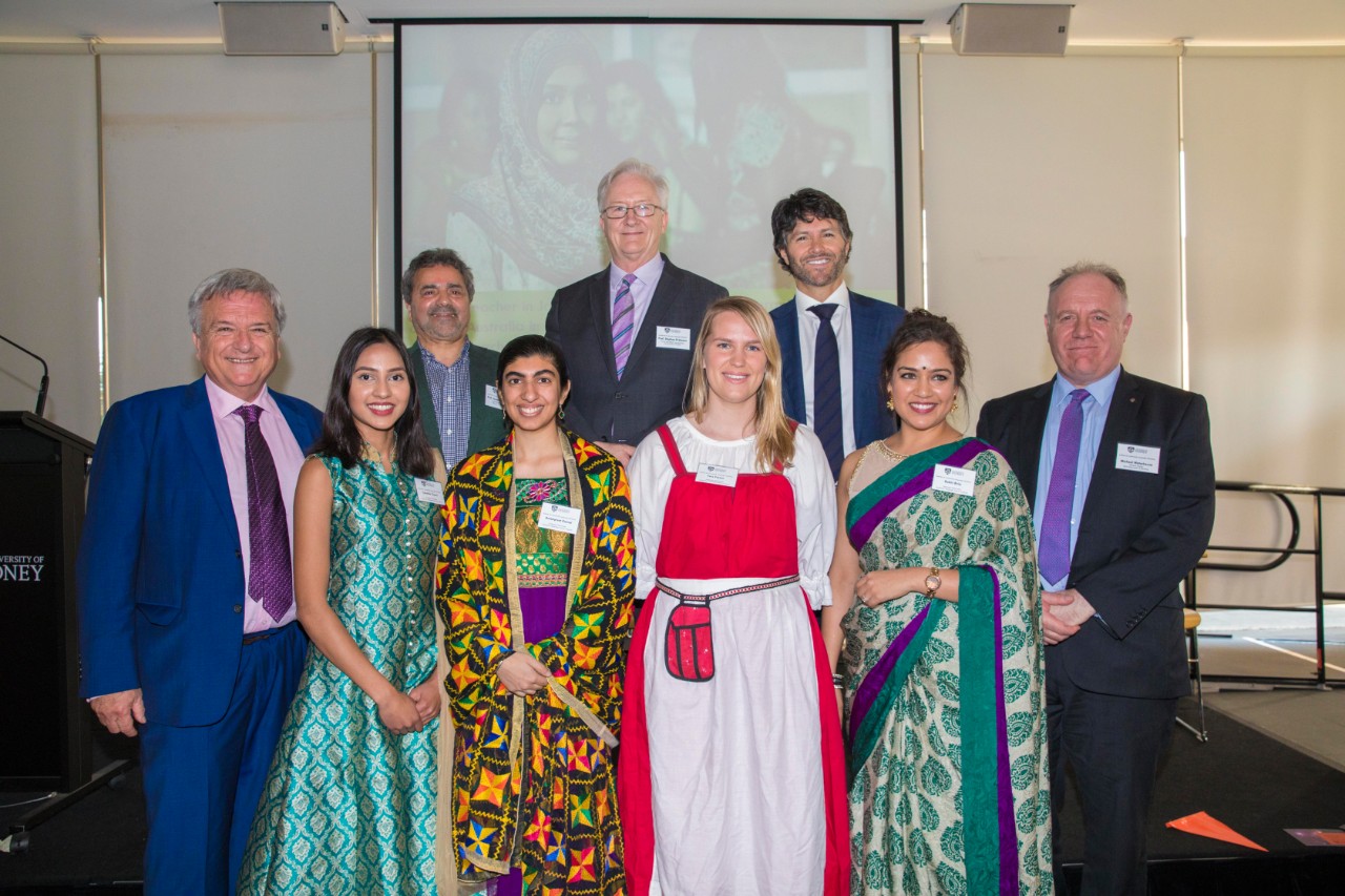 Associate Professor Ken Cruickshank, Professor Joe Io Bianco, Professor Stephen Garton, Minister Victor Dominello, Michael Waterhouse, and Language Ambassadors Carmila Chand, Amanpreet Jamal, Tess Frazer and Rakhi Birla at the Sydney Institute of Community Languages Education launch.
