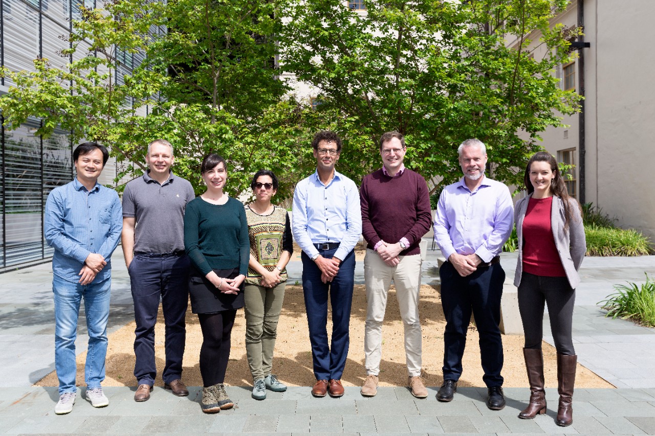 Grand Challenge Champions with Sydney Nano Director Professor Ben Eggleton (second from right). Pictured (from left): Associate Professor Jun Huang; Associate Professor Wojciech Chrzanowski; Dr Shelley Wickham; Associate Professor Chiara Neto; Professor Martijn de Sterke; Dr Ivan Kassal; Professor Ben Eggleton; Dr Anna Waterhouse.