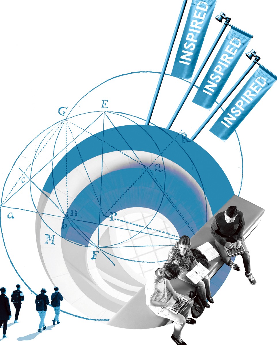 Students sitting among INSPIRED flags 