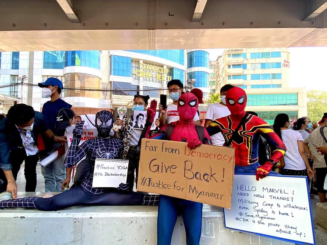 photo of protesters in Myanmar dressed as Spiderman