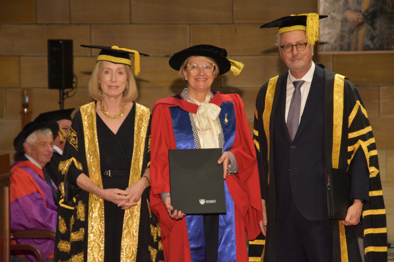 Chancellor Belinda Hutchinson AC (left), Elizabeth Koff AM (centre), and Vice-Chancellor and President, Professor Mark Scott AO posing together.