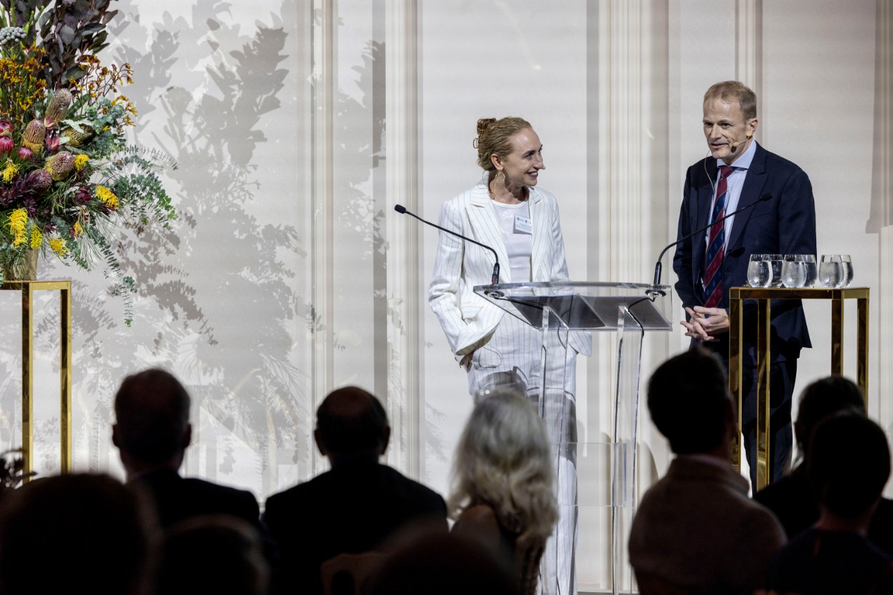 Australians of the Year, Professor Georgina Long and Professor Richard Scoyler at lectern