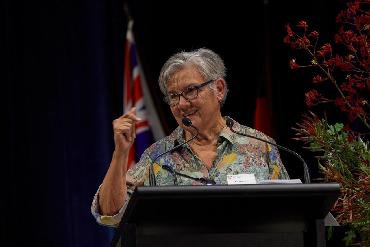 Pat Anderson on stage, speaking to the audience