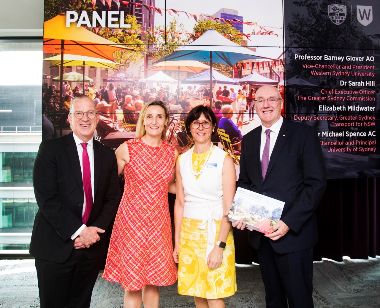 Vice-Chancellors Dr Michael Spence and Professor Barney Glover with Greater Sydney Commission CEO Dr Sally Hill and Greater Sydney Transport for NSW Deputy Secretary Elizabeth Mildwater. The panel, as part of the launch, was moderated by Western Sydney Business Chamber CEO David Borger.
