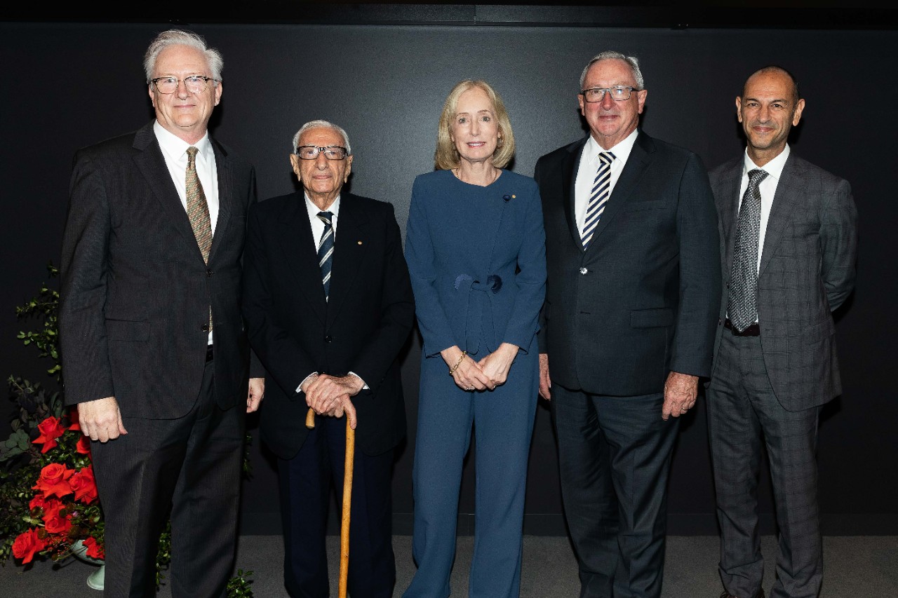 Vice-Chancellor Stephen Garton, Isaac Wakil, Chancellor Belinda Hutchinson, Minister Brad Hazzard and David Khedoori at the opening event. 