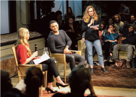 Angela interviewing Trevor Noah on stage