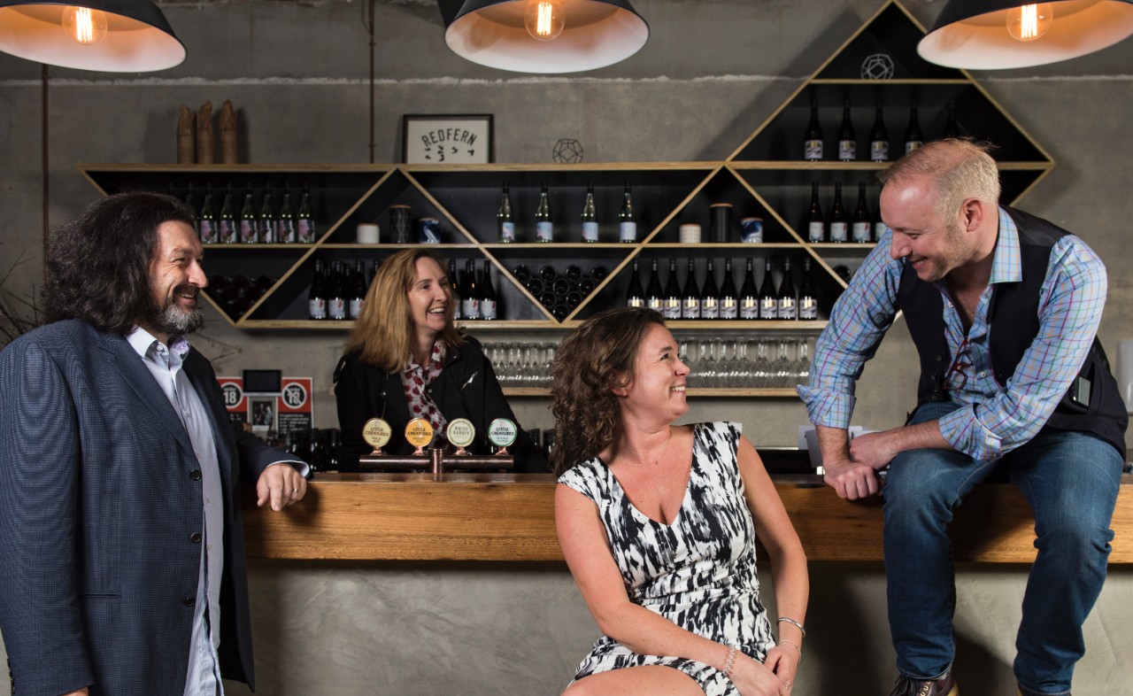 Associate Professor Dieter Hochuli, Dr Alana Mann, Dr Celine Van Golde and Dr Christopher Neff at Cake Wines, Redfern.