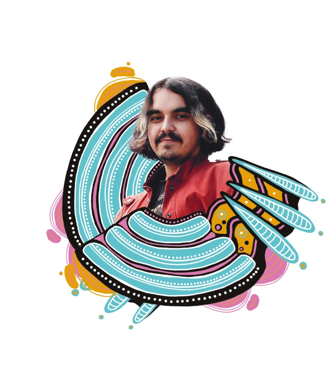 Portrait of Leeroy Fernando with Aboriginal artwork framing in pink, black, yellow and blue