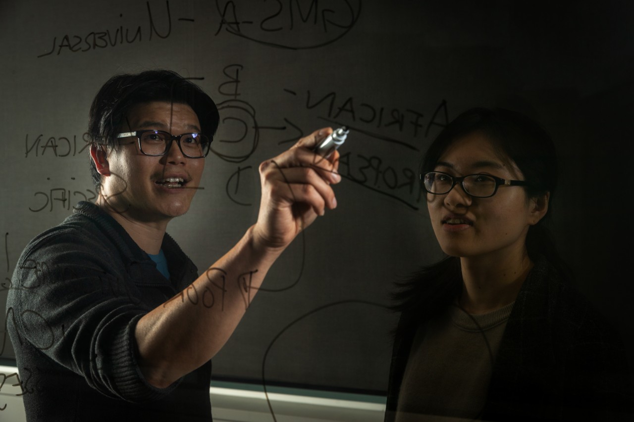 two people are drawing calculations ona  screen