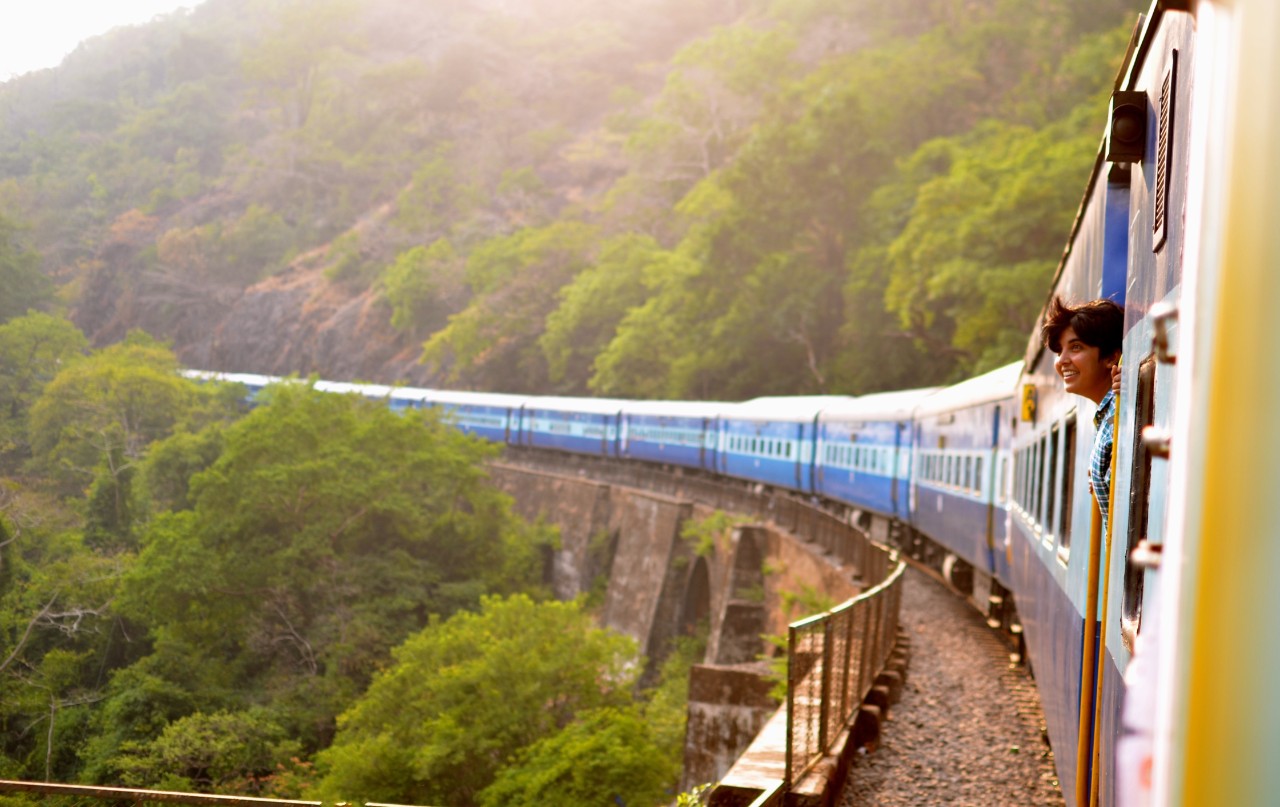 Person on a train in Goa, India