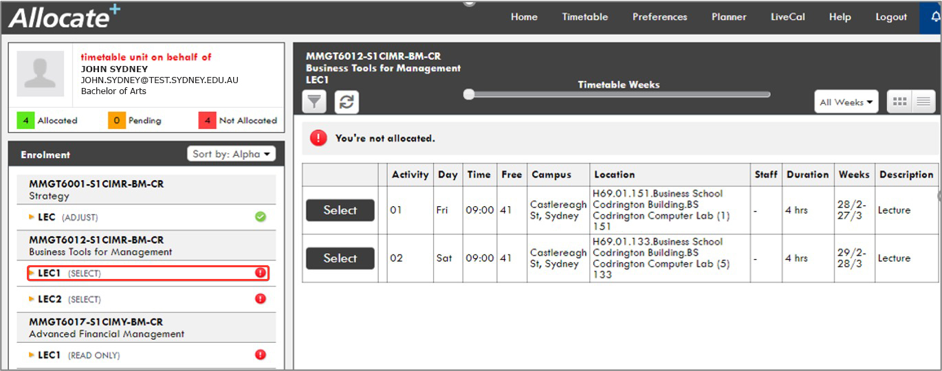 Screenshot showing where to find units that can be selected