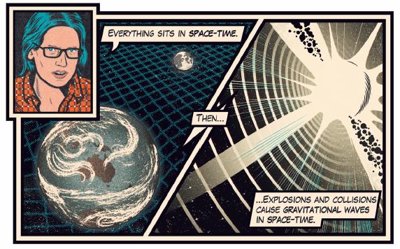 Cartoon explaining gravitational waves - Everything sits in space time, then, explosions and collisions cause gravitational waves in space time