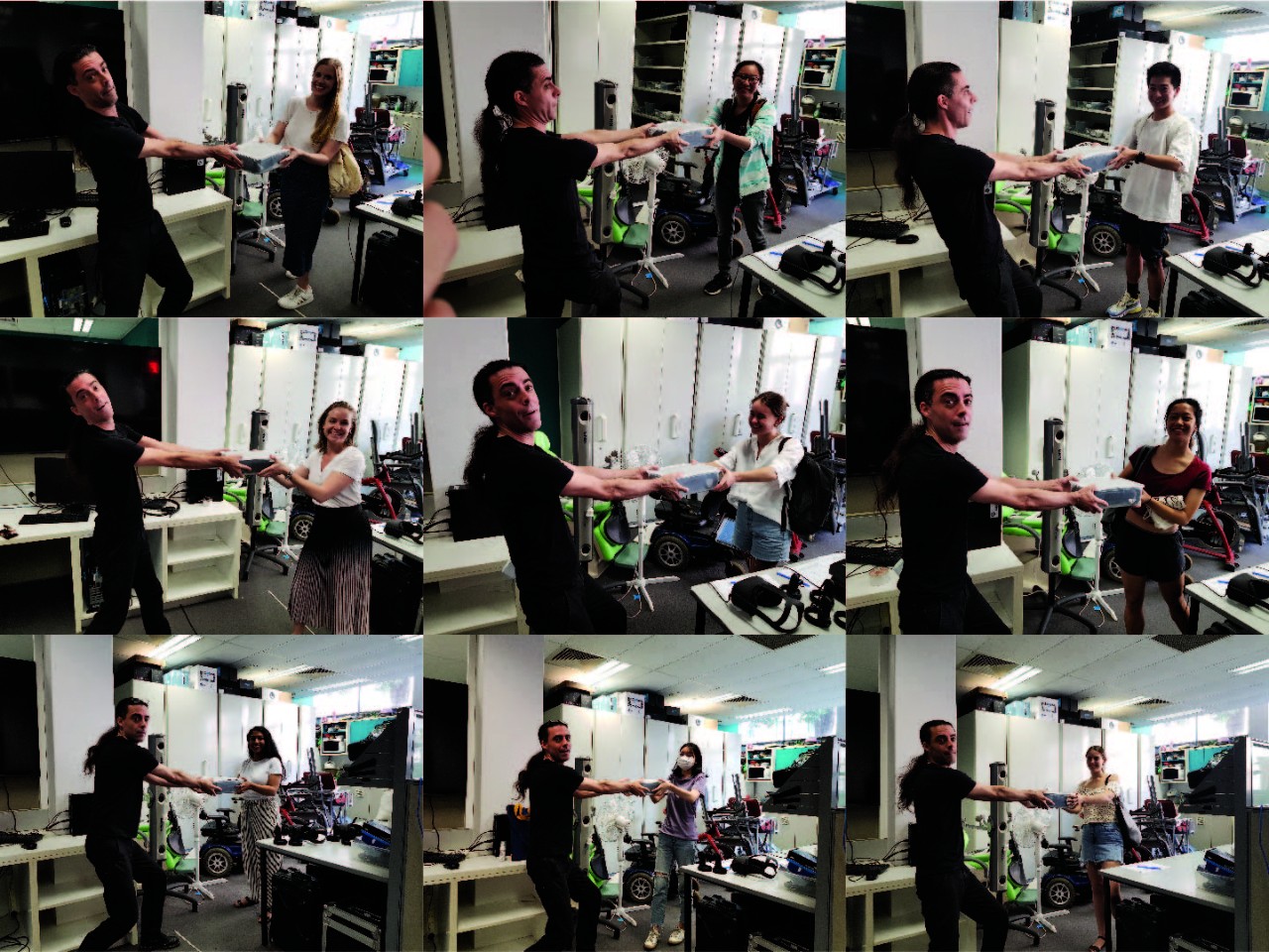 Associate Professor Hamish MacDougall hands students VR headsets, pre-COVID-19 shutdown.