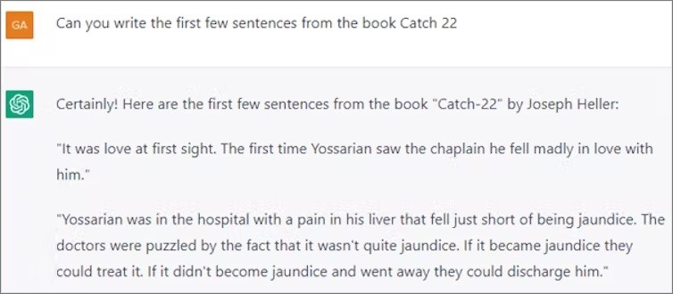 A ChatGPT prompt and response demonstrating the program plagiarising a novel